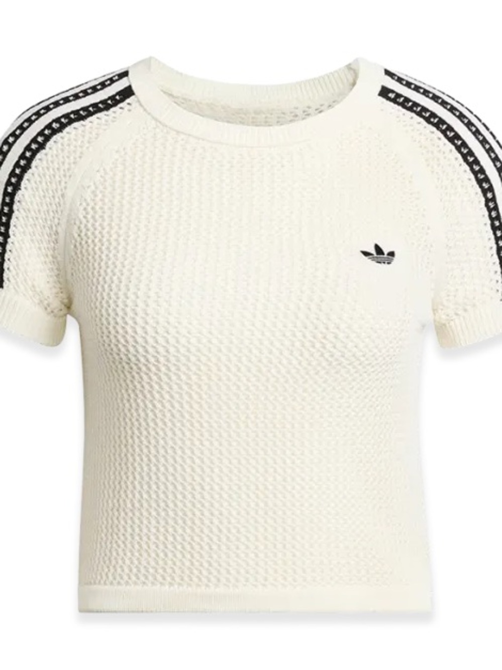 adidas Cream Short Sleeve Knit Top with Black Shoulder Stripes